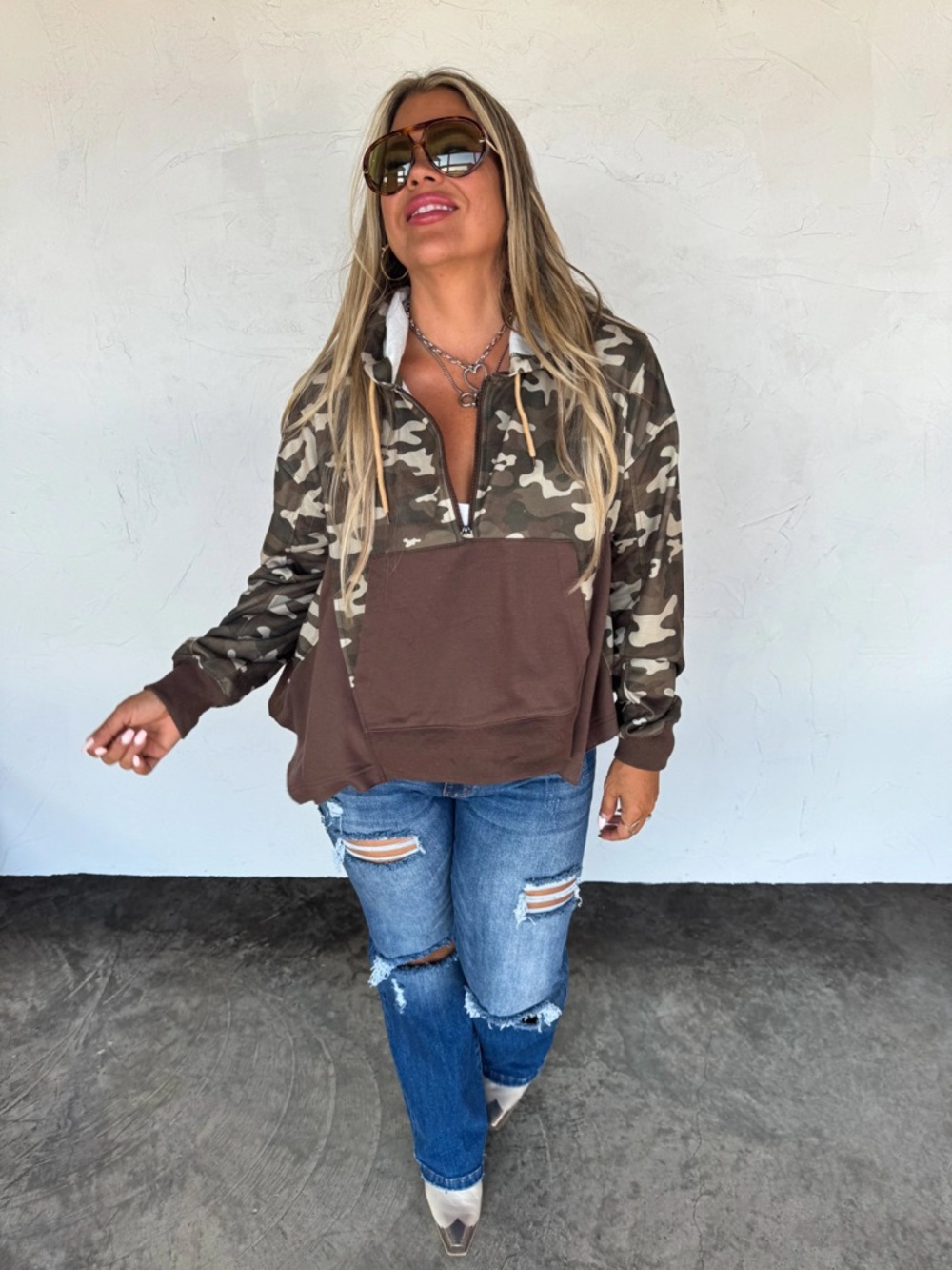 Camo Half-Zip Pullover Hoodie in Brown Camo